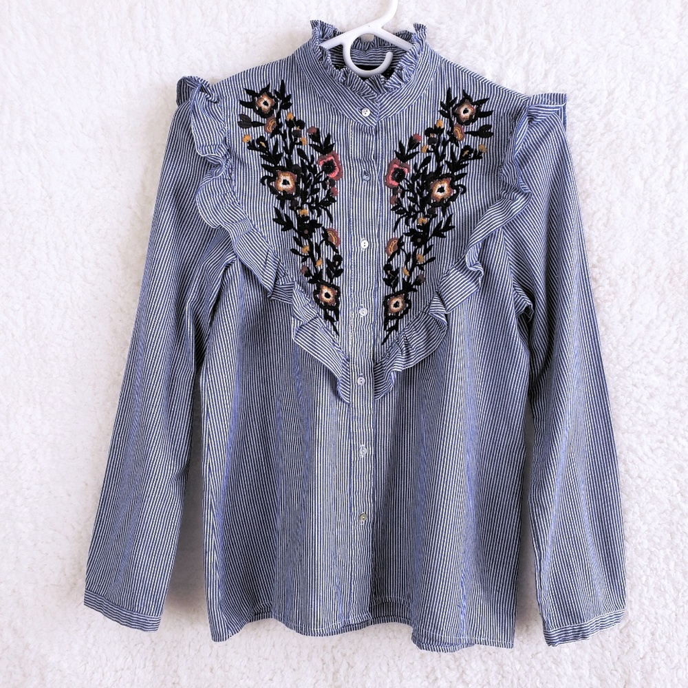 ZARA Striped Button Down Embroidered Ruffled Top